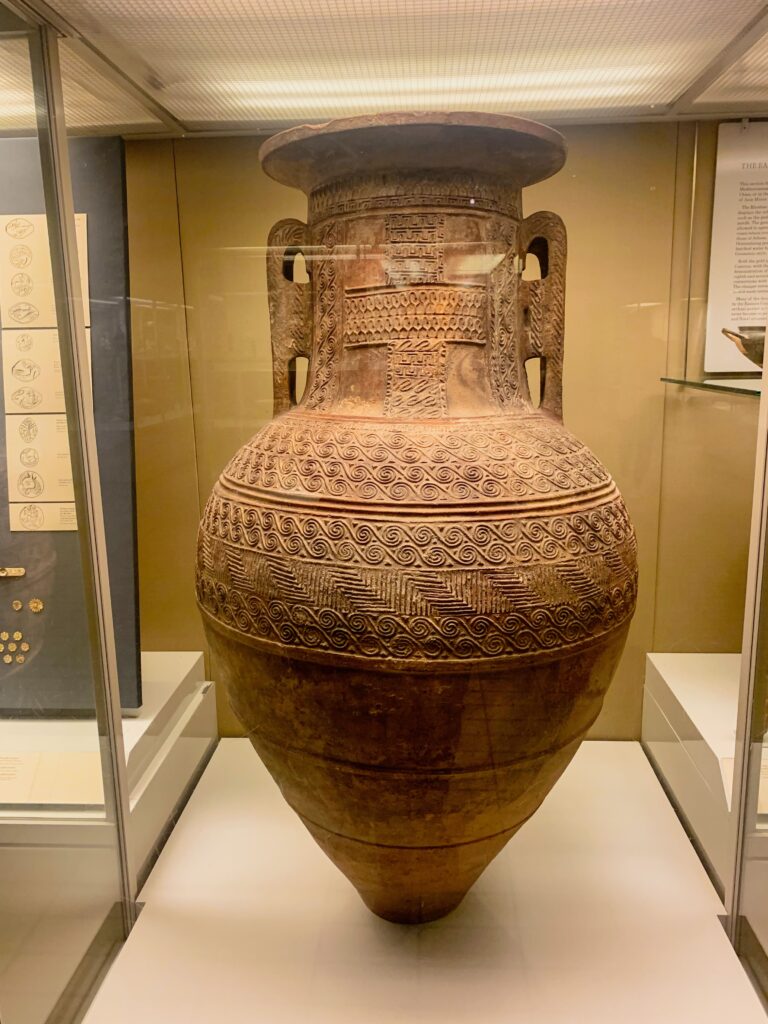 This large vessel is called a Pithoi. And it was used to store and transport agricultural produce such as wine, olive oil and grain. This particular Pithoi is made in Rhodes approx 700-650 BC.